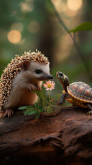 Fototapeta premium A hedgehog and a turtle are sitting on a rock