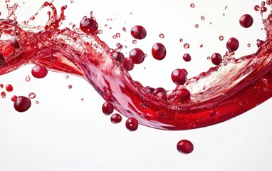 A vibrant red wave of cranberry juice with thick pulp and scattered cranberries, splashing energetically on a bright white backdrop