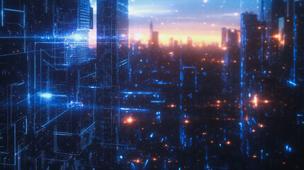 Smart digital Innovation city with connection network reciprocity over the cityscape. of future smart wireless digital city and social media networking systems that connects people with in city