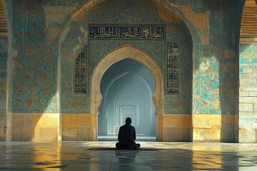 Man Praying in an Ancient Mosque Interior