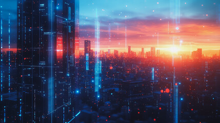 Fototapeta premium Smart digital Innovation city with connection network reciprocity over the cityscape. of future smart wireless digital city and social media networking systems that connects people with in city