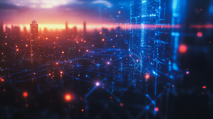 Fototapeta premium Smart digital Innovation city with connection network reciprocity over the cityscape. of future smart wireless digital city and social media networking systems that connects people with in city