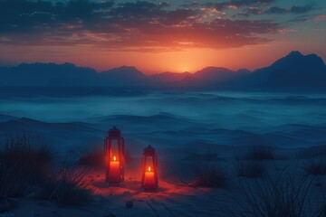 Fototapeta premium Desert Sunset with Two Lit Lanterns Illuminating Sand Dunes