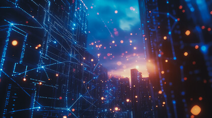 Obraz premium Smart digital Innovation city with connection network reciprocity over the cityscape. of future smart wireless digital city and social media networking systems that connects people with in city