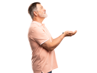Happy mature business man entrepreneur, smiling older professional manager, confident businessman presenting ads advertising product or service isolated on transparent background.