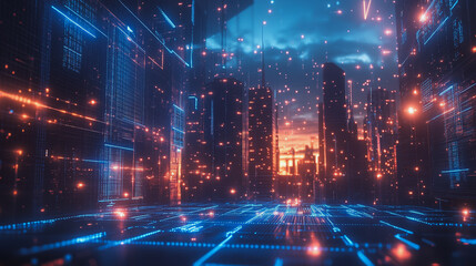 Smart digital Innovation city with connection network reciprocity over the cityscape. of future smart wireless digital city and social media networking systems that connects people with in city