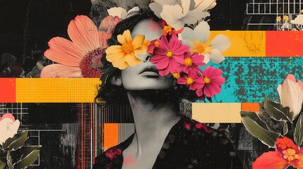 Woman with flowers hiding face in colorful collage