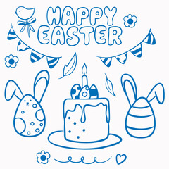 Set of vector blue doodle elements for Easter: feather, Easter cake, lettering, flags, eggs with ears