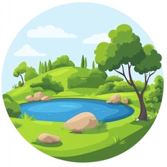 Naklejka premium Serene Landscape Featuring Rolling Hills and a Pond