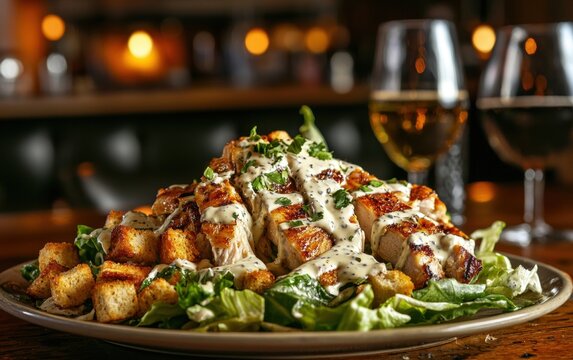 A rich Caesar dressing cascading over romaine lettuce, grilled chicken, and croutons, set against a classic bistro-style background