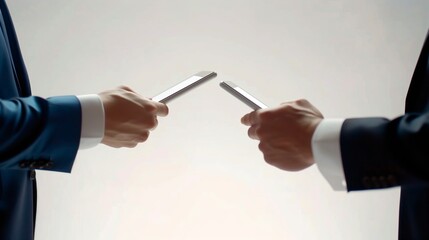 Businessmen in suits holding tablets discussing a business plan, close-up of hands holding modern devices on a white background, symbolizing innovation and collaboration.