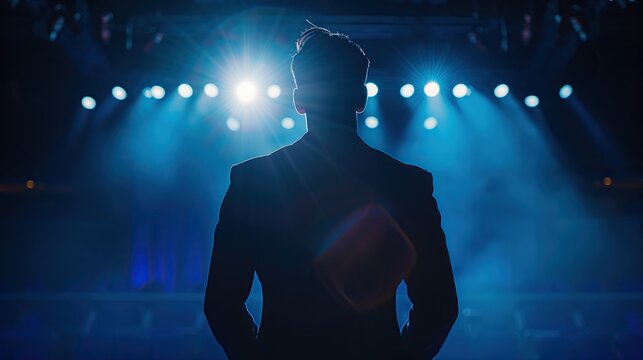 Young man in a suit with slicked-back hair, standing on stage under dramatic lighting. His silhouette is highlighted against a blue background, facing forward as if addressing an audience.