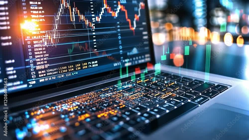 Wall mural financial analytics display on a laptop screen with colorful graphs and data trends