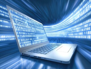Laptop displaying binary code in futuristic cyberspace tunnel