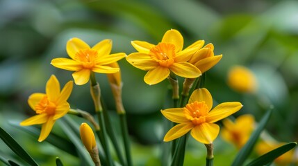 Obraz premium Close up of bright yellow daffodils blooming, signifying the arrival of spring and fresh beginnings