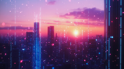 Smart digital Innovation city with connection network reciprocity over the cityscape. of future smart wireless digital city and social media networking systems that connects people with in city