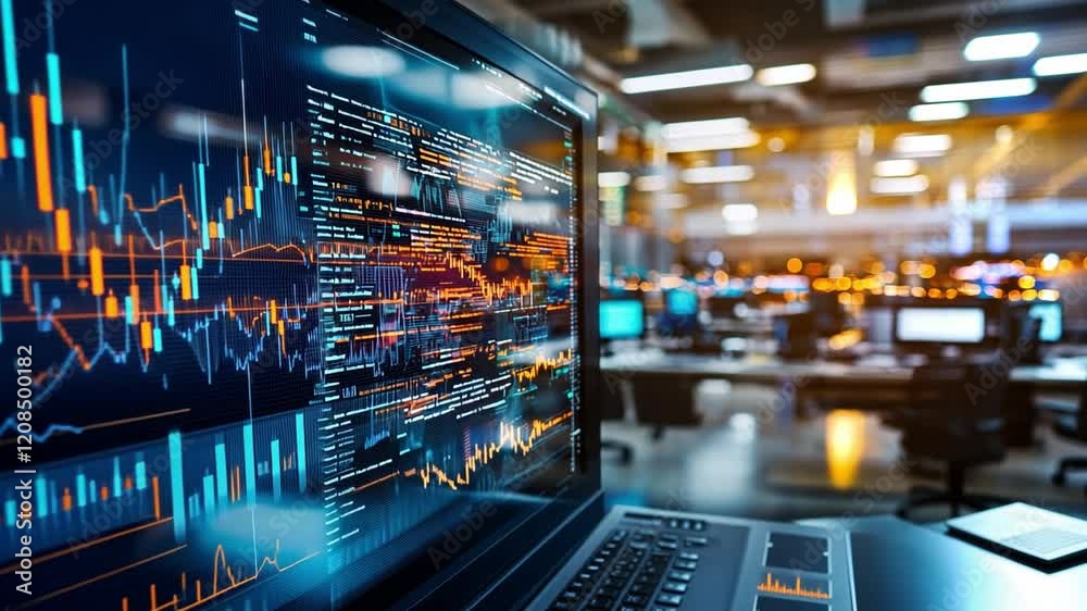 Wall mural data analysis dashboard displaying financial trends in a modern office environment