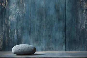 Fototapete A smooth, grey stone rests on a rustic, blue-grey wooden surface against a weathered wood backdrop. © DesignMaster360