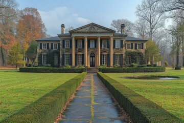 Grand neoclassical mansion, autumnal setting, manicured lawn.