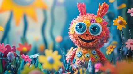 Fototapeta premium Colorful and Quirky Plush Monster Figurine with Expressive Design and Vibrant Textured Details This unusual and captivating character features a playful fantastical and one of a kind aesthetic