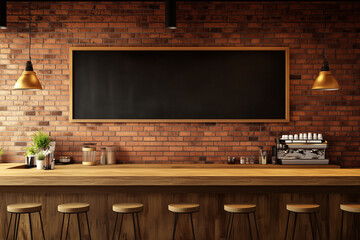 3d render of cafe bar restaurant nobody indoor. Empty coffee shop interior daytime with wooden design counter red brick wall in background. menu writing on blackboard with beautiful letters and cup