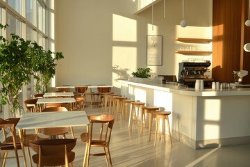 Fototapeta premium Beautifully designed bistro cafe interior with clean white counter and wooden chairs morning sunlight 