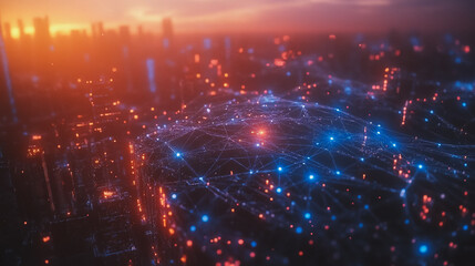 Smart digital Innovation city with connection network reciprocity over the cityscape. of future smart wireless digital city and social media networking systems that connects people with in city