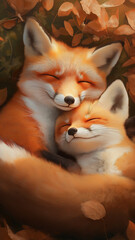 Obraz premium Two foxes are hugging each other in a forest
