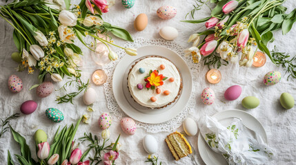 Fototapeta premium Charming Easter Table with Tulips and Festive Eggs Artfully Decorated for a Joyful Celebration. Concept of Springtime, Festivity, and Floral Elegance