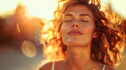 Fototapeta premium A serene woman with closed eyes stands in golden sunlight on a sandy beach, immersed in a moment of pure calm..