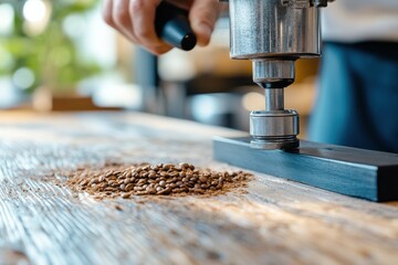 Focusing on the precise technique of grinding coffee beans for the perfect cup, conveying the sense of anticipation and satisfaction in the coffee brewing experience.