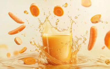 A warm golden wave of ginger-carrot juice with floating chunks and flying carrot slices, bursting into splashes on a light beige background