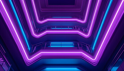 Futuristic neon-lit staircase, vibrant purple and blue glowing lines, abstract architectural design, modern building interior, sleek metallic railings.