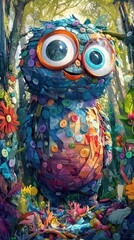 Fototapeta premium Colorful Surreal and Whimsical Digital of a Unique Owl Like Creature Surrounded by a Magical Textured Forest Landscape with Vibrant Flowers and Leaves
