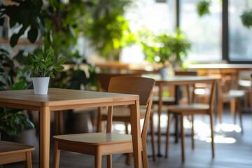 Cozy restaurant interior design with empty wooden chairs, tables and green plants decoration. Modern cafe interior filled with indoor plants, eco style 