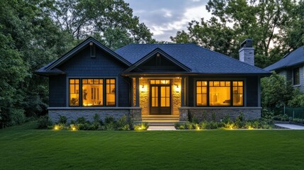 Evening Illumination: Modern House in Suburban Setting
