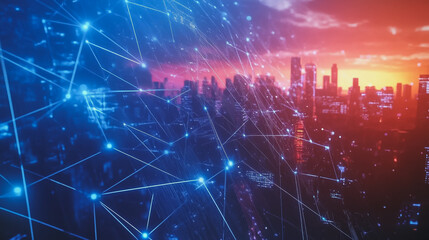 Fototapeta premium Smart digital Innovation city with connection network reciprocity over the cityscape. of future smart wireless digital city and social media networking systems that connects people with in city