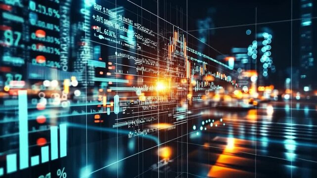 Modern urban landscape showcasing digital data visualization and financial analytics at night - Powered by Adobe