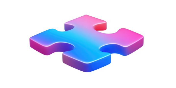 3D Render of a Single Gradient Colored Puzzle Piece Blue and Pink Solution Concept