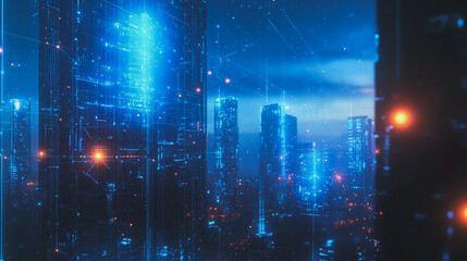 Obraz premium Smart digital Innovation city with connection network reciprocity over the cityscape. of future smart wireless digital city and social media networking systems that connects people with in city