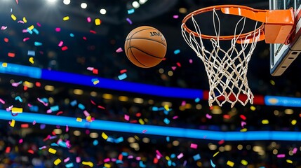 March Basketball Game tournament Basketball ball flying into the hoop with confetti.