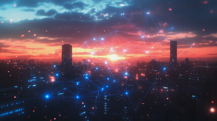 Smart digital Innovation city with connection network reciprocity over the cityscape. of future smart wireless digital city and social media networking systems that connects people with in city