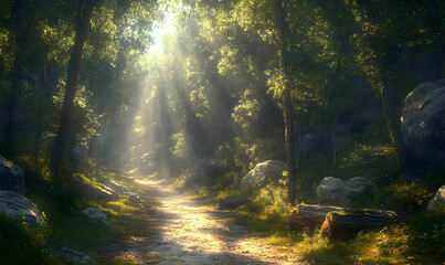 Obraz premium Sunbeams illuminate a tranquil forest path, winding through lush greenery and large rocks. A serene and peaceful scene perfect for nature lovers.