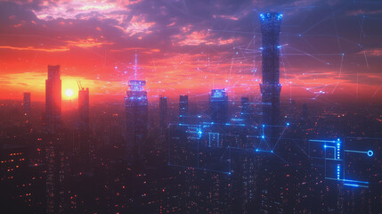 Fototapeta premium Smart digital Innovation city with connection network reciprocity over the cityscape. of future smart wireless digital city and social media networking systems that connects people with in city