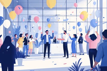Team celebrating a major achievement with a leader delivering a congratulatory speech in a bright office clean flat vector style