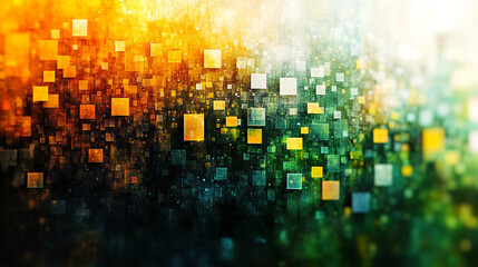Abstract green and yellow digital binary data computer background with minimalistic bright tones modern design blurred elements creating an empty blank space for text or caption on the side

