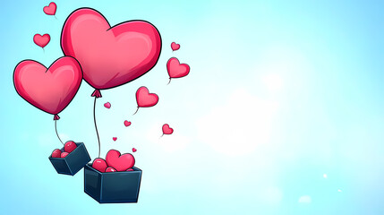 Heart-shaped balloons deliver love; boxes overflow with tiny hearts.