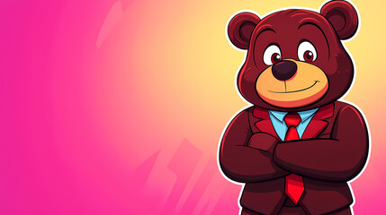 Smiling brown bear in a suit, arms crossed, against a pink gradient background.