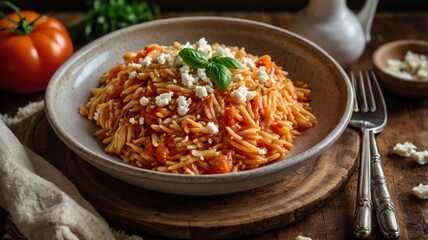 Hearty Kritharaki Pasta with Spicy Tomato Sauce and Feta