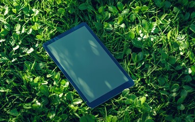 Sleek tablet mockup placed on a lush green grass surface, natural and fresh ambiance